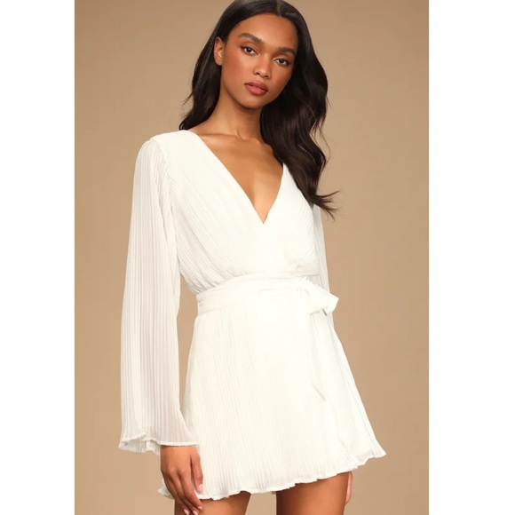 Lulus Ivory Pleated Long Sleeve Skort Romper - Picture 1 of 7
